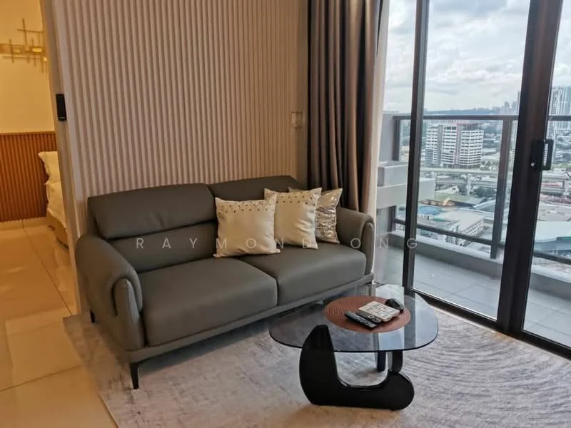 Living features: 3-seater fabric sofa in grey, decorative cushions, round coffee table, area rug, floor-to-ceiling windows, curtains, wall with vertical paneling, city skyline view; style: modern; view: city.