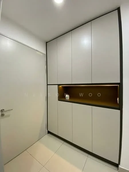 Room features: white painted walls, light grey cabinetry, built-in storage cabinets, recessed lighting, white floor tiles, niche with backlighting, door with silver handle, minimalist design; style: modern.