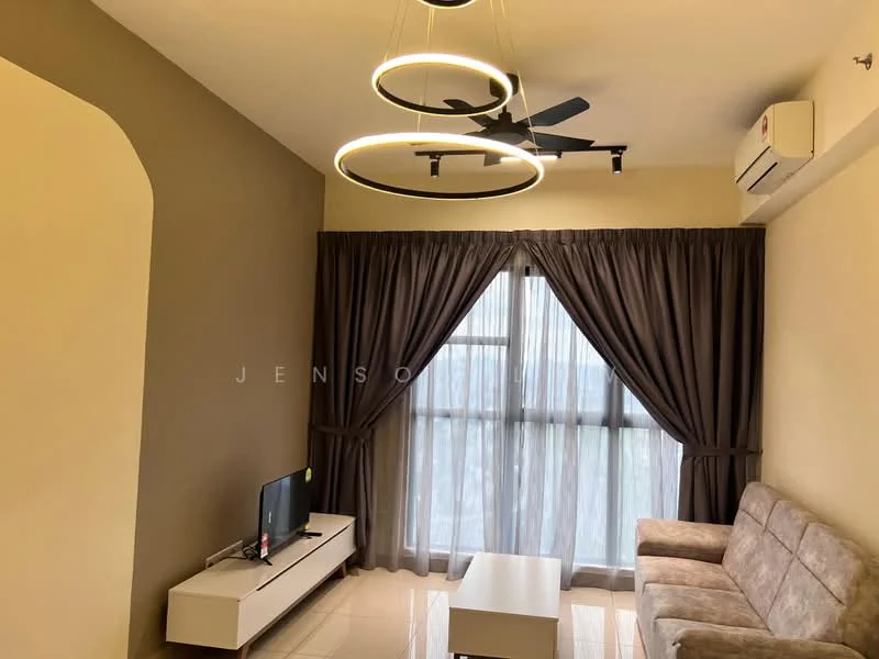 Living features: 3-seater fabric sofa in light grey, coffee table, wall-mounted TV, white TV console, floor-to-ceiling windows, sheer curtains, dark grey curtains, 5-blade ceiling fan with integrated LED light, wall-mounted split AC, cream painted walls, glossy tile flooring; style: modern.