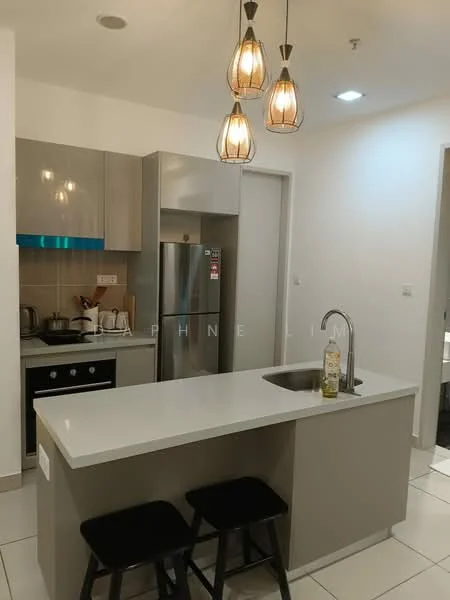 Kitchen features: grey cabinetry, white quartz countertop, single-bowl stainless-steel sink, chrome pull-down faucet, stainless-steel fridge, built-in oven, 4-burner gas hob, pendant lighting with three bulbs, tile backsplash, open shelving, bar stools, recessed downlights, white tiled flooring; style: modern.
