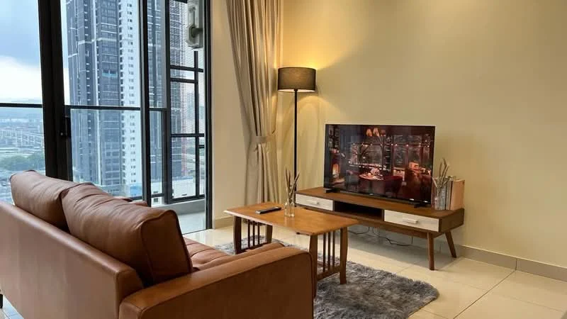 Living features: brown leather 3-seater sofa, wooden coffee table with white drawers, flat-screen TV on stand, area rug in grey, floor-to-ceiling windows, curtains in light beige, lampshade floor lamp, light-colored walls, tile flooring; style: modern; view: city.
