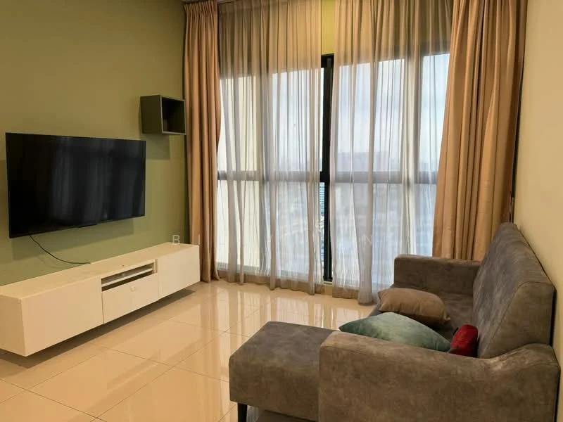 Living features: grey fabric sofa, white TV console, wall-mounted flat-screen TV, floor-to-ceiling windows, sheer curtains, beige drapes, glossy tile flooring, green accent wall; style: modern; view: city.