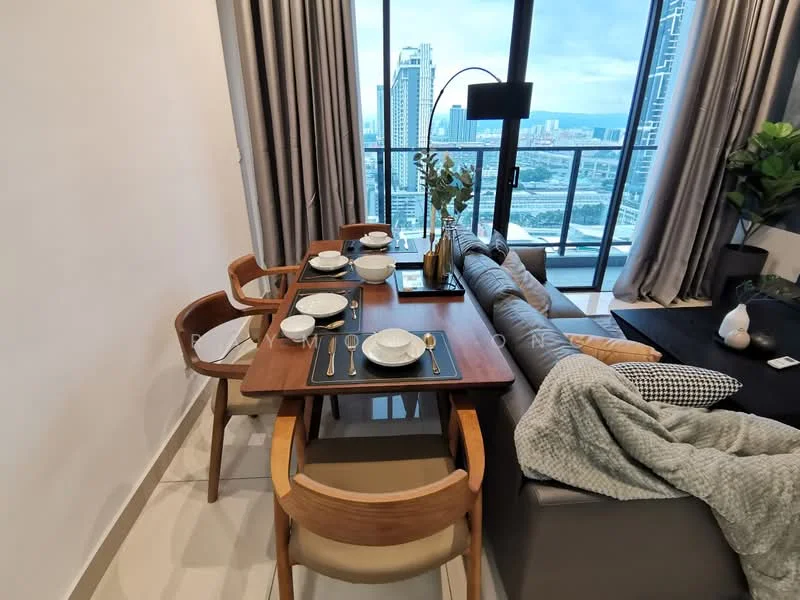 Dining features: 6-seater dining table, wooden dining chairs, table setting with plates and cutlery, floor-to-ceiling windows, city view, curtains, decorative plant, grey sofa, throw blanket on sofa, light fixture, neutral wall colour, tile flooring; style: modern; view: city.