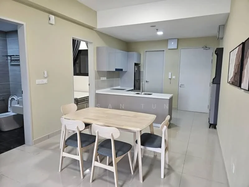 Kitchen features: white cabinetry, grey countertops, stainless-steel sink, built-in stove, built-in oven, refrigerator, pendant lighting, tile backsplash, open layout, dining table with four chairs, ceramic tile flooring, neutral wall color; style: modern. Dining features: wooden dining table, four wooden chairs with cushions.