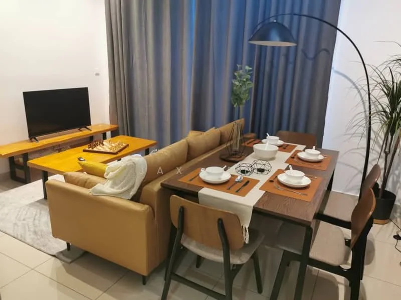 Dining features: 6-seater dining table, wooden dining chairs, table setting with plates and cutlery, table runner, decorative plant on table, pendant lamp, area rug, sofa in beige leather, TV console with television, wooden coffee table, decorative chess set, floor lamp, curtains in grey fabric; style: modern.