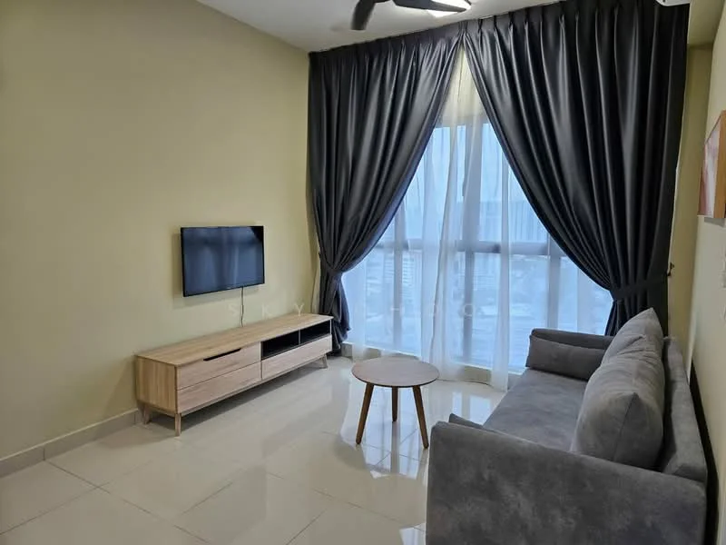 Living features: grey fabric sofa, wooden coffee table, wall-mounted TV, floor-to-ceiling windows, blackout curtains, light-colored painted walls, glossy tile flooring, ceiling fan; style: modern; view: city.