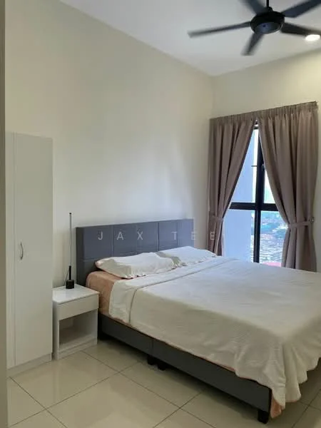 Bedroom features: king-size bed with grey upholstered headboard, white bedding, white walls, cream curtains, floor-to-ceiling window, black ceiling fan, white bedside table, lamp on bedside table, tiled flooring, built-in wardrobe; style: modern; view: city.