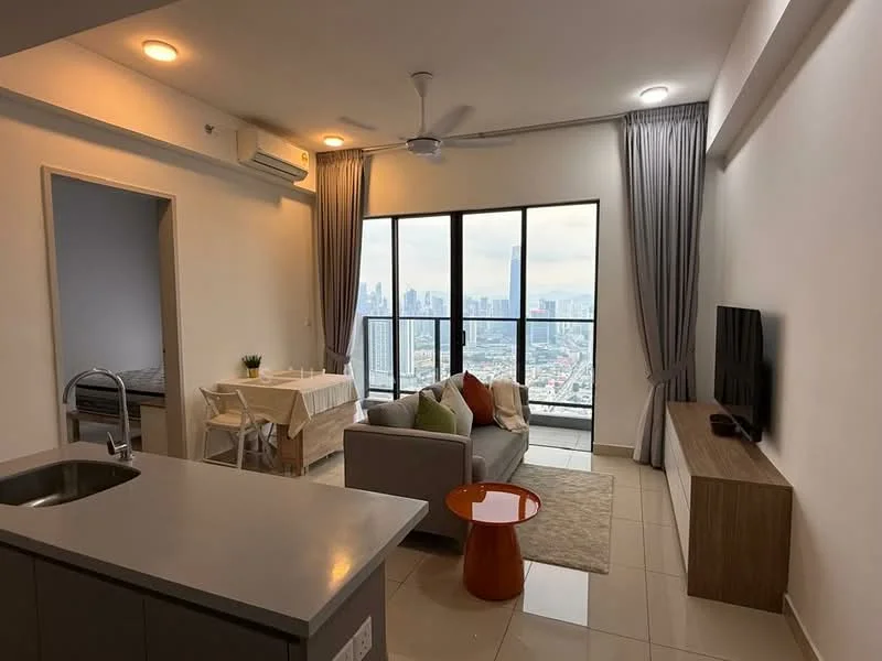 Living features: floor-to-ceiling windows, grey fabric sofa, orange accent table, wall-mounted TV, wooden TV console, recessed downlights, 5-blade ceiling fan, cream painted walls, tile flooring, curtains, dining table with chairs, city skyline view; style: modern; view: city. Kitchen features: kitchen island, stainless-steel sink, built-in cabinetry, grey countertop, open layout; style: modern.