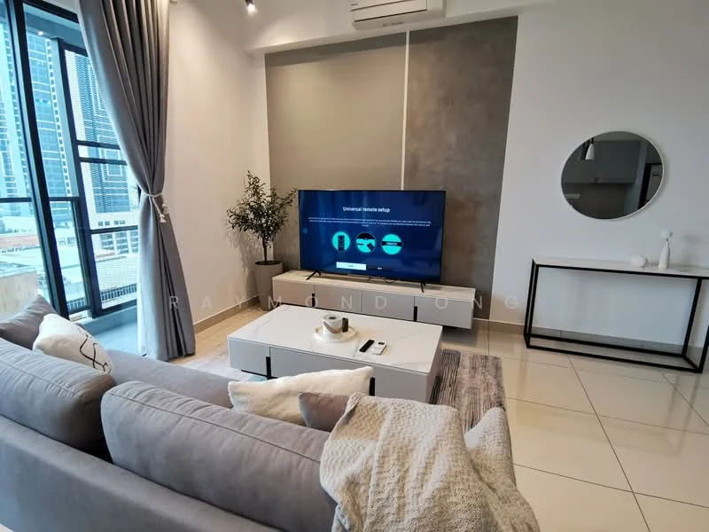 Living features: grey fabric sofa, white coffee table, area rug with geometric pattern, wall-mounted TV, TV console, decorative mirror, floor-to-ceiling windows, curtains, potted plant, recessed downlights, light-colored walls, cream tiled flooring; style: modern; view: city.