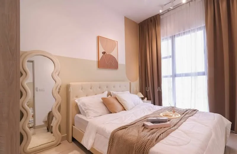 Bedroom features: queen-size bed with upholstered headboard, white bedding with decorative pillows, beige throw blanket, large decorative mirror with wavy frame, floor-to-ceiling windows with sheer curtains, brown curtains, wooden flooring, wall art with abstract design, nightstand with book and plate of food; style: modern; view: city.