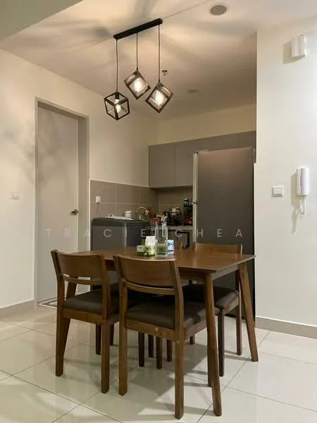 Dining features: 4-seater wooden dining table, wooden dining chairs, pendant lighting with geometric design, white painted walls, glossy tile flooring, kitchen cabinetry in grey, stainless-steel fridge, kitchen countertop, built-in kitchen appliances, door leading to hallway; style: modern.