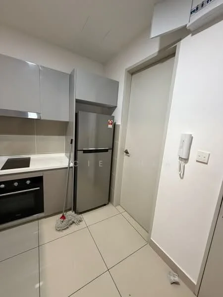 Kitchen features: grey flat-panel cabinets, stainless-steel fridge, built-in oven, ceramic cooktop, white countertop, tile backsplash, single-bowl stainless-steel sink, chrome pull-down faucet, wall-mounted split AC, light-colored tile flooring, door leading to hallway, mop on floor; style: modern.
