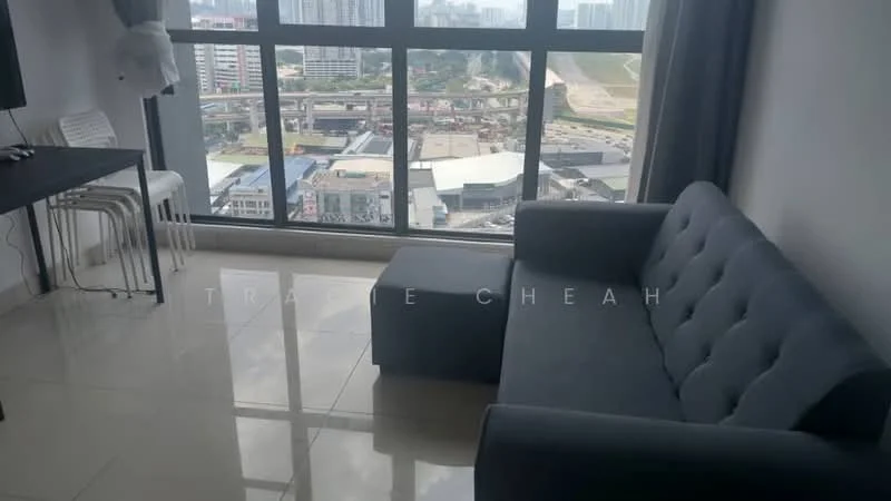 Living features: grey fabric sofa, coffee table, floor-to-ceiling windows, city view, white walls, glossy tile flooring, curtains, TV console, decorative wall art; style: modern; view: city.