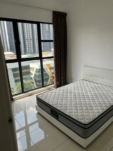 Bedroom features: queen-size bed, white upholstered bed frame, mattress on bed, floor-to-ceiling windows, curtains in brown, white painted walls, glossy tile flooring, city view; style: modern; view: city.