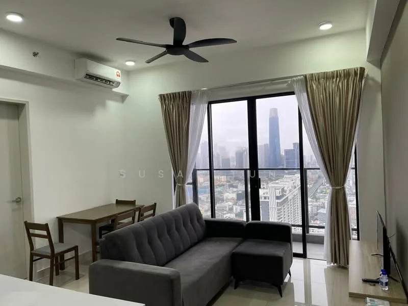 Living features: 3-seater fabric sofa in grey, floor-to-ceiling windows, city view, wall-mounted TV, coffee table, 5-blade ceiling fan with light, recessed LED downlights, light-coloured walls, tile flooring; style: modern; view: city. Dining features: 4-seater dining table, wooden dining chairs; style: modern; view: city.