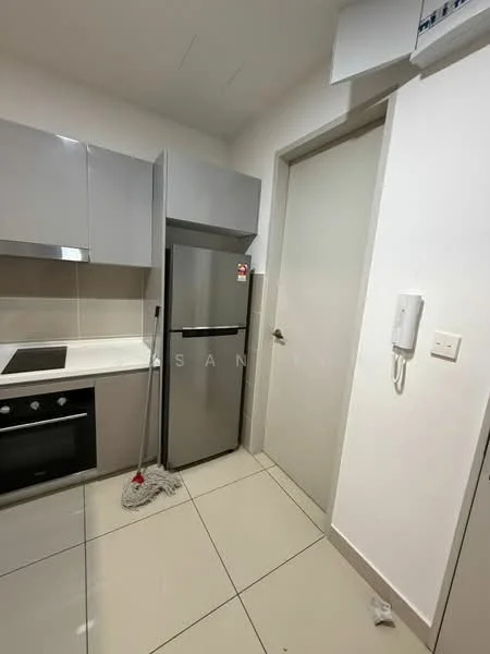 Kitchen features: grey flat-panel cabinets, white countertop, stainless-steel fridge, built-in oven, 4-burner gas hob, ceramic tile flooring, wall-mounted split AC, mop on the floor, door leading to another room, light switch on the wall, intercom panel; style: modern.