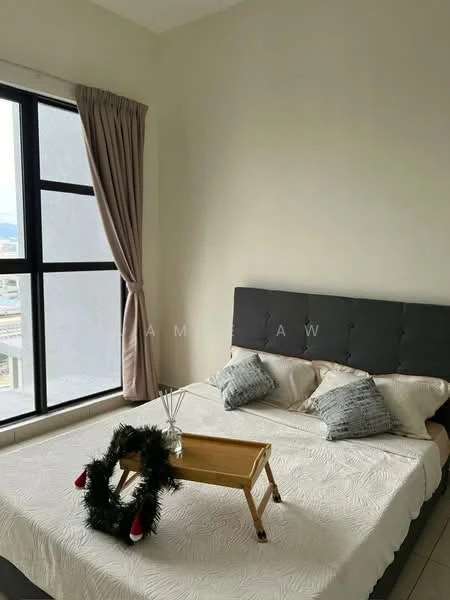 Bedroom features: king-size bed, upholstered headboard, white bed linens, decorative pillows, curtains in beige, floor-to-ceiling window, wooden bedside table, decorative wreath on table; style: modern; view: city.