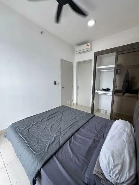Bedroom features: queen-size bed with grey bedding, upholstered headboard, ceiling fan, wall-mounted air conditioning unit, built-in wardrobe with sliding doors, white painted walls, tile flooring, window with no visible treatment, light fixture on ceiling; style: modern.