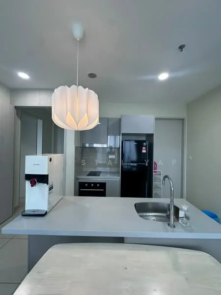 Kitchen features: white cabinetry, grey countertop, stainless-steel sink, chrome pull-down faucet, built-in oven, freestanding range oven, stainless-steel fridge, pendant light, recessed downlights, tile flooring, open shelving, coffee machine; style: modern.
