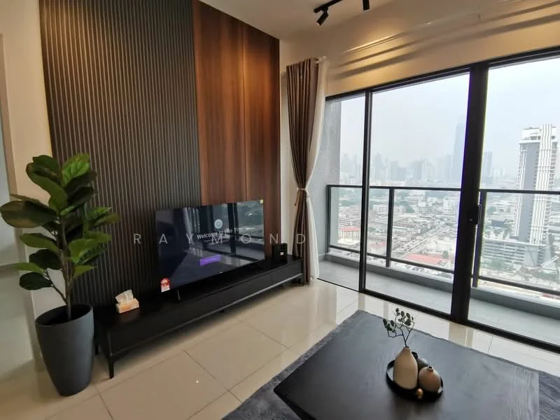 Living features: floor-to-ceiling windows, city skyline view, grey wall with vertical wood paneling, white painted walls, glossy tile flooring, black TV console, wall-mounted TV, indoor plant in pot, decorative coffee table, decorative vases, curtains, recessed lighting; style: modern; view: city.