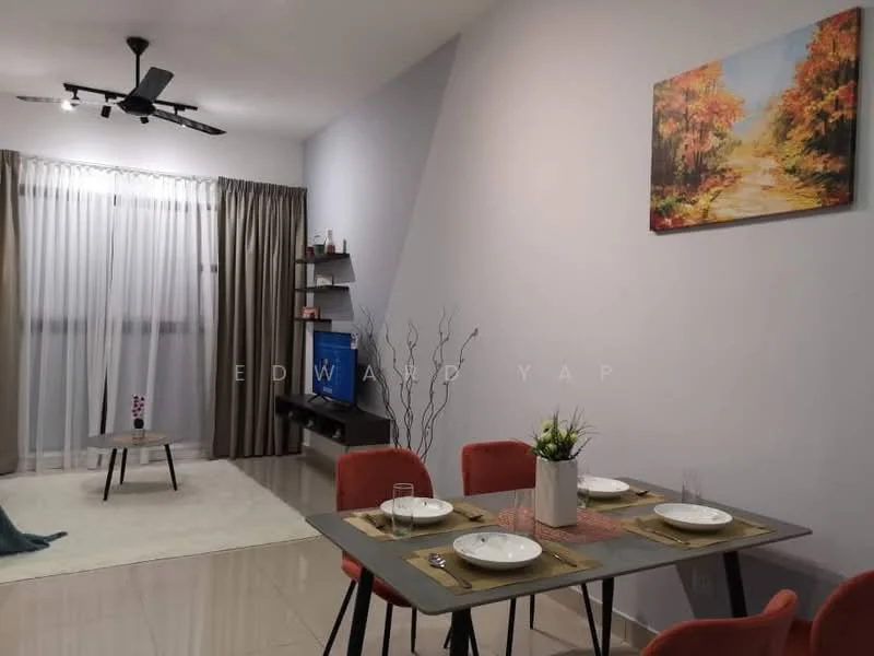 Dining features: 4-seater dining table, upholstered dining chairs in orange, table setting with plates and cutlery, decorative centerpiece with flowers, light grey wall, cream tiled flooring, recessed downlights, wall-mounted shelf with decor, framed artwork on wall, curtains with sheer and blackout layers, floor-to-ceiling window, ceiling fan with light; style: modern. Living features: sofa in light blue fabric, area rug in white, coffee table, wall-mounted TV, decorative items on shelf, light grey wall, cream tiled flooring, recessed downlights, curtains with sheer and blackout layers, floor-to-ceiling window; style: modern.