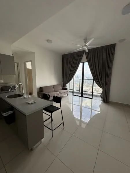 Living features: floor-to-ceiling windows, grey curtains, 3-blade ceiling fan, 2-seater fabric sofa in brown, polished ceramic tile flooring, open-plan layout, kitchen island with seating, recessed downlights; style: modern; view: city. Kitchen features: grey cabinetry, stainless-steel sink, single-bowl stainless-steel sink, chrome pull-down faucet, countertop with overhang for seating, built-in appliances, open shelving; style: modern.