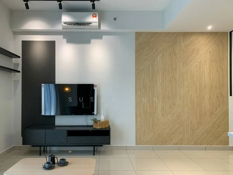 Living features: wall-mounted TV, black TV console, light wood accent wall, grey painted walls, air conditioning unit, shelves on wall, ceramic tile flooring, coffee table, decorative items on table; style: modern.