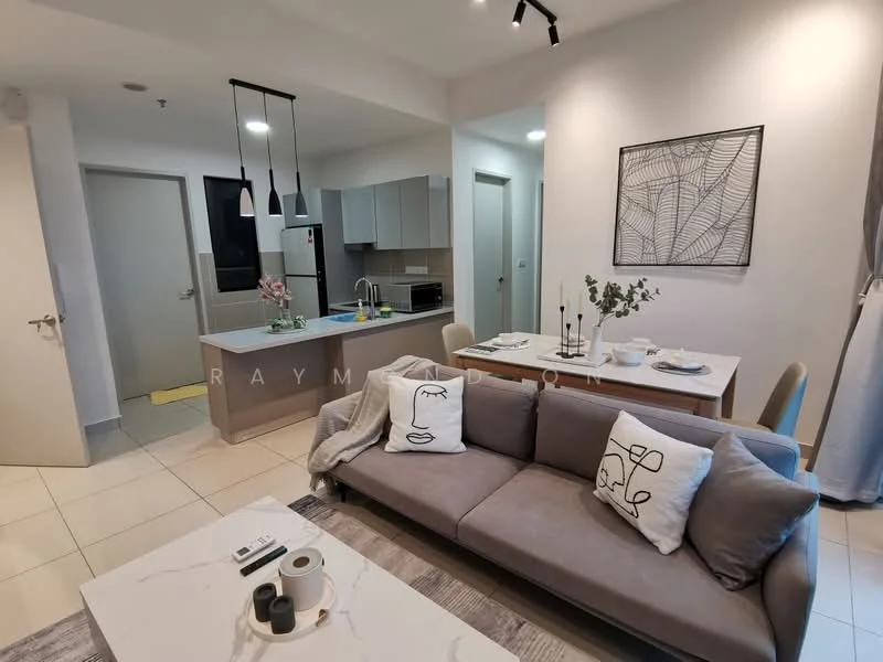 Living features: 3-seater fabric sofa in grey, marble coffee table, decorative wall art, area rug with geometric pattern, pendant lighting, floor-to-ceiling windows, neutral painted walls, tile flooring; style: modern. Kitchen features: kitchen cabinets in light grey, stainless-steel sink, built-in microwave, freestanding range oven, countertop with breakfast bar, refrigerator, pendant lights above countertop; style: modern. Dining features: 4-seater dining table, upholstered dining chairs, decorative centerpiece, neutral painted walls; style: modern.