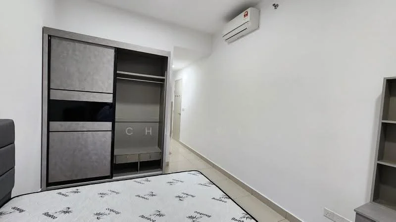 Room features: white painted walls, glossy tile flooring, built-in wardrobe with grey finish, 1 wall-mounted split AC, door leading to hallway, minimalist decor, neutral color palette; style: modern.