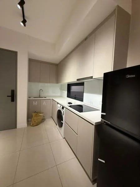 Kitchen features: light grey cabinetry, white quartz countertop, stainless-steel single-bowl sink, chrome pull-down faucet, built-in oven, induction cooktop, stainless-steel refrigerator, front-load washing machine, glass backsplash, recessed LED downlights, tile flooring, open shelving, laundry basket; style: modern.