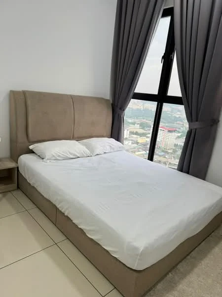 Bedroom features: queen-size bed, upholstered headboard, white bedding, nightstand, floor-to-ceiling windows, grey curtains, tile flooring, city view; style: modern; view: city.