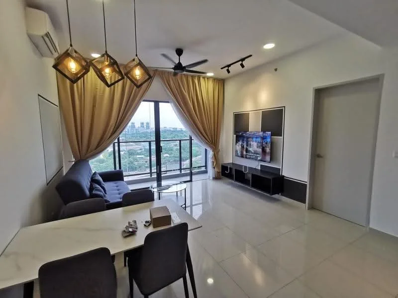 Living features: grey fabric sofa, 3-seater sofa, marble-top coffee table, wall-mounted TV, TV console, floor-to-ceiling windows, curtains, recessed downlights, ceiling fan, light fixtures with pendant lamps, glossy tile flooring, decorative wall panel; style: modern; view: city.