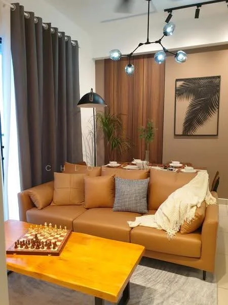 Living features: 3-seater leather sofa in tan, wooden coffee table, decorative throw blanket, chessboard on table, pendant light fixture with multiple bulbs, floor-to-ceiling curtains in dark grey, wood accent wall, framed artwork with palm leaf design, indoor plant, recessed lighting, wall-mounted decor; style: modern.
