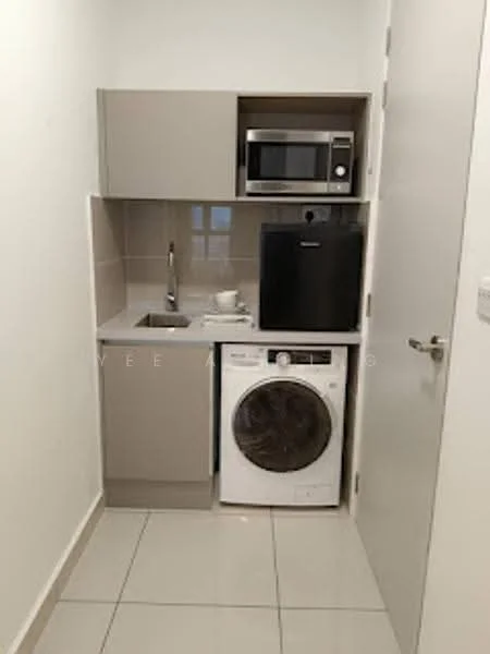 Laundry features: grey cabinetry, microwave, stainless-steel sink, front-load washing machine, white countertop, tile backsplash, white walls, ceramic tile flooring; style: modern.