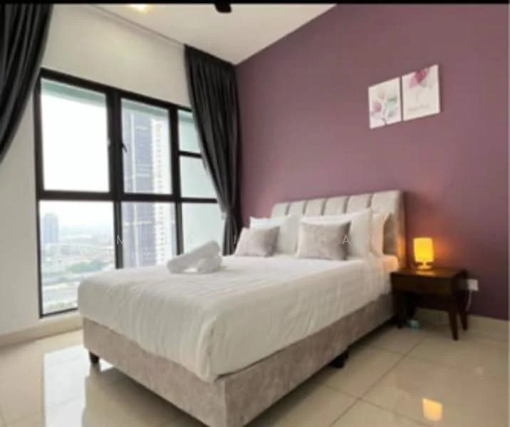 Bedroom features: king-size bed with upholstered headboard, white bedding, two decorative pillows, bedside table, table lamp, floor-to-ceiling windows, grey curtains, purple accent wall, cream tiled flooring, framed artwork on wall; style: modern; view: city.