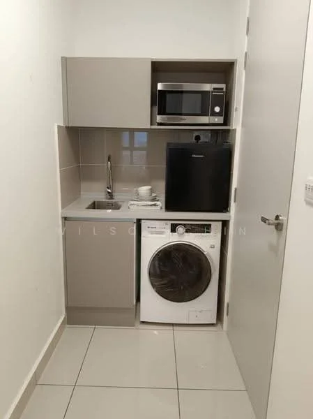 Laundry features: grey cabinetry, microwave, black fridge, single-bowl stainless-steel sink, chrome pull-down faucet, front-load washing machine, grey countertop, white tiled flooring; style: modern.