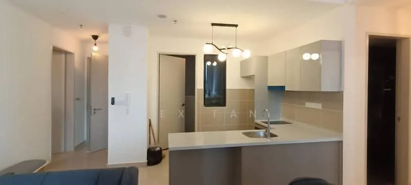 Kitchen features: grey cabinetry, white countertop, single-bowl stainless-steel sink, chrome pull-down faucet, built-in oven, stainless-steel range hood, ceramic tile backsplash, recessed downlights, pendant lighting, open layout, kitchen island; style: modern. Room features: light-colored walls, flooring visible, doorway to hallway, doorway to another room.