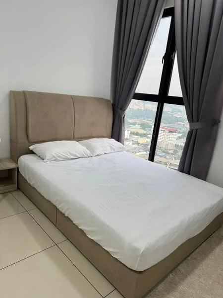Bedroom features: king-size bed, upholstered headboard, white bedding, two white pillows, floor-to-ceiling window, grey curtains, tile flooring, nightstand, city view; style: modern; view: city.