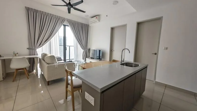 Living features: grey tiled flooring, white painted walls, ceiling fan with light, floor-to-ceiling windows, sheer curtains, sofa in light beige, coffee table, TV console, wall-mounted TV, study desk, dining chairs, kitchen island with sink, stainless-steel faucet; style: modern; view: city.