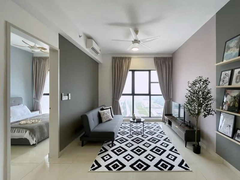 Living features: 3-seater fabric sofa in grey, coffee table, wall-mounted TV, area rug with geometric pattern, floor-to-ceiling windows, curtains, ceiling fan with light, wall-mounted shelving, decorative plant, light grey accent wall, cream painted walls, polished tile flooring; style: modern; view: city. Bedroom features: queen-size bed, bedding, bedside table, lamp, wardrobe, curtains; style: modern.