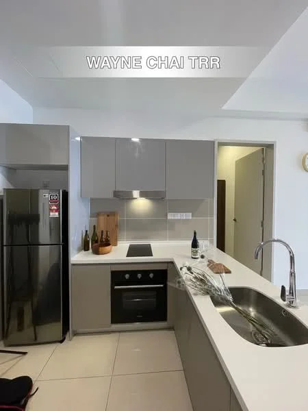 Kitchen features: grey cabinetry, stainless-steel fridge, built-in oven, 4-burner gas hob, single-bowl stainless-steel sink, chrome pull-down faucet, white quartz countertop, tile backsplash, under-cabinet lighting, open shelving, wine bottles on countertop, decorative wooden cutting board; style: modern.