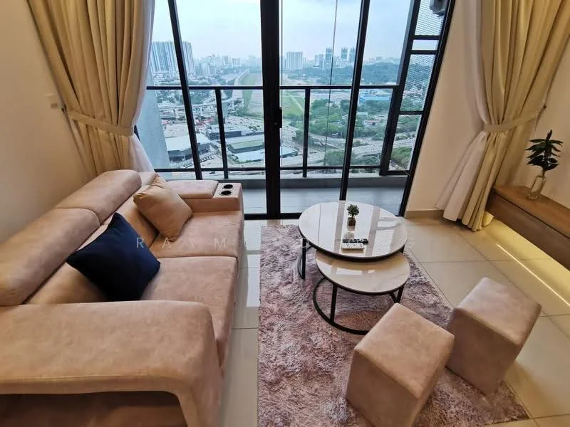 Living features: 3-seater fabric sofa in beige, coffee table with round glass top, area rug with geometric pattern, floor-to-ceiling windows, curtains in light fabric, decorative plant in ceramic pot, wall-mounted shelf, city skyline view; style: modern; view: city.