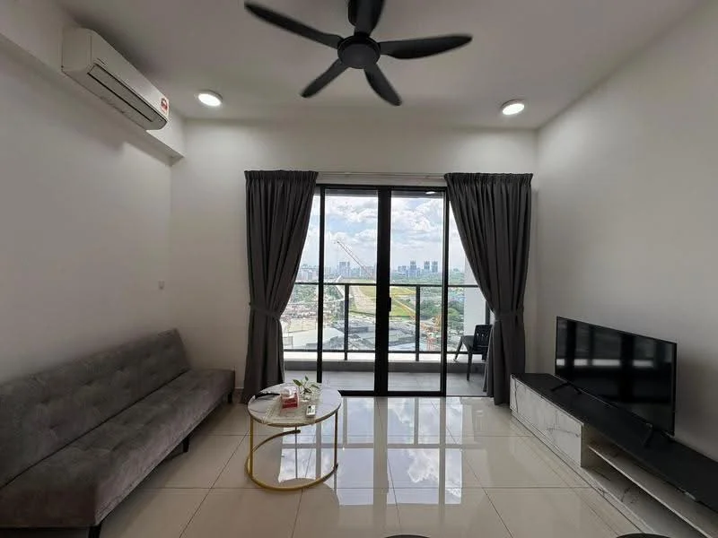Living features: 3-seater fabric sofa in grey, round coffee table with gold accents, floor-to-ceiling windows, sliding glass door, grey curtains, wall-mounted TV, marble TV console, 1 wall-mounted split AC, recessed downlights, glossy tile flooring; style: modern; view: city.