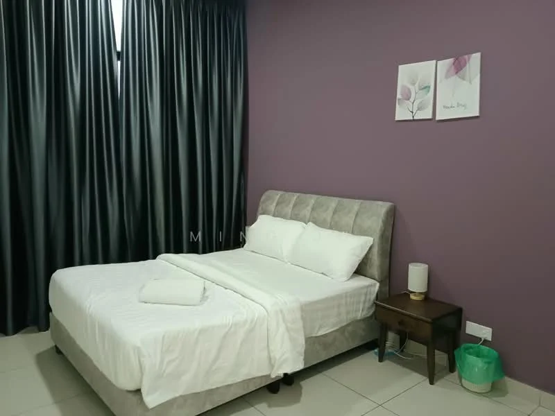 Bedroom features: king-size bed with upholstered headboard, white bedding, dark purple painted walls, floor-to-ceiling curtains in black, nightstand with lamp, ceramic floor tiles, decorative wall art, wastebasket; style: modern.