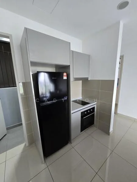 Kitchen features: black fridge, built-in oven, 4-burner gas hob, grey cabinetry, white tiled backsplash, white walls, cream floor tiles, single-bowl stainless-steel sink; style: modern.