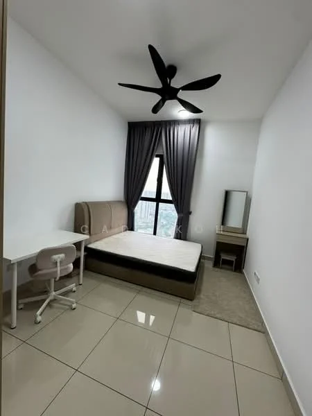 Bedroom features: queen-size bed, upholstered headboard, 5-blade ceiling fan with light, floor-to-ceiling window, grey curtains, study desk, white chair, mirror, area rug, glossy tile flooring, white painted walls; style: modern; view: city.