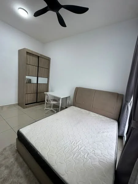 Bedroom features: queen-size bed, upholstered headboard, wooden wardrobe with sliding doors, white walls, tile flooring, ceiling fan, small study table, grey curtains, area rug; style: modern.
