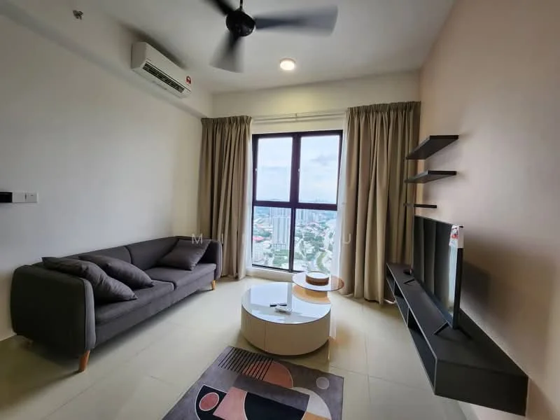 Living features: 3-seater fabric sofa in grey, coffee table, wall-mounted TV, TV console, floor-to-ceiling windows, sheer curtains, ceiling fan, light-colored walls, tile flooring, decorative area rug; style: modern; view: city.