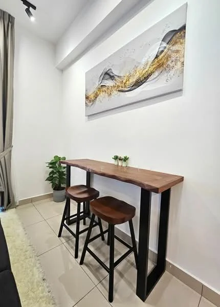 Room features: wooden table with natural edge, black metal legs, two wooden stools, white painted walls, tile flooring, decorative wall art with abstract design, small potted plant, curtains in light grey, soft area rug; style: modern.