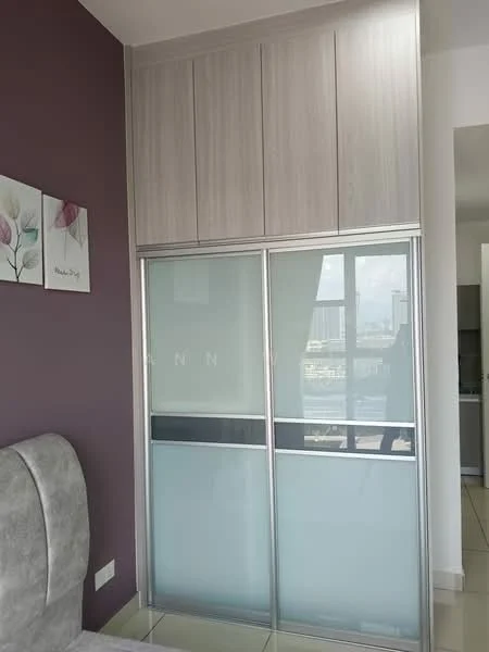 Room features: sliding glass door with aluminum frame, light wood cabinetry, purple accent wall, glossy white panels, floor-to-ceiling design, ceramic tile flooring, natural light from window, minimalist decor; style: modern; view: city.